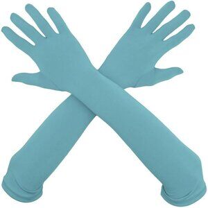 Women's Elbow Length Full Finger Satin Light Blue Gloves Stretchy Party Costume